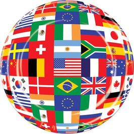 Who of a globe with different country's flags superimposed over it.